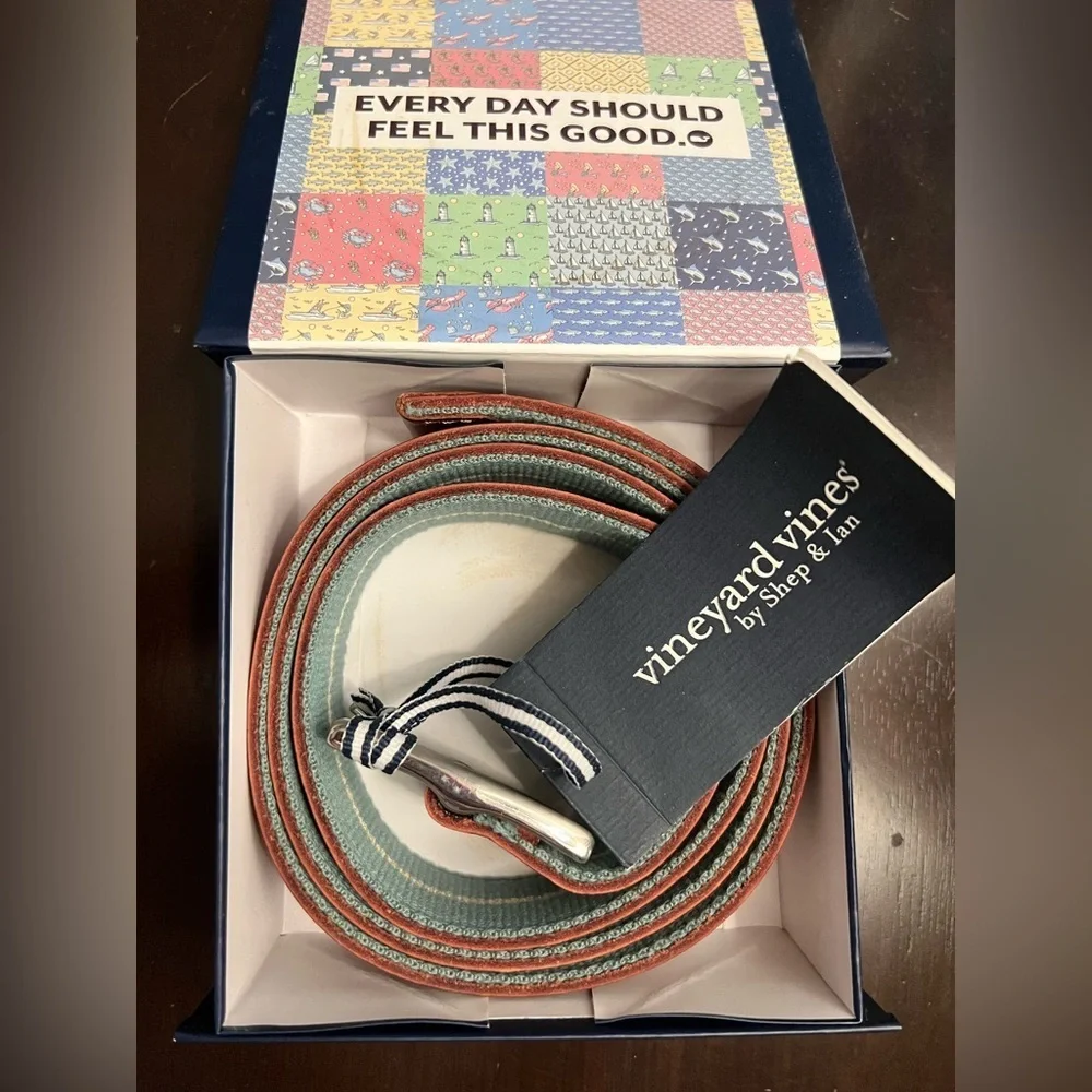Vineyard Vines Striped Canvas Belt in Green, Coral, and Tan